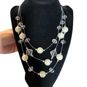 Cg Signature Multi Strand Illusion Necklace Faux Pearl Clear Beaded Silver Tone